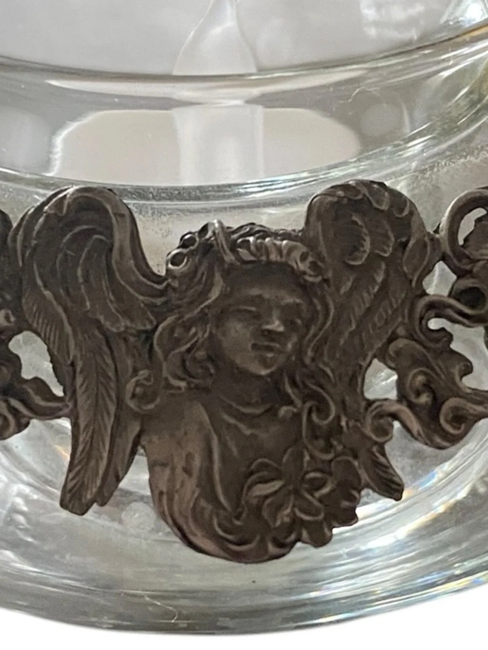 vintage 90s  Pewter Angel  Decorative potpourri Glass Trinket Bowl candle holder